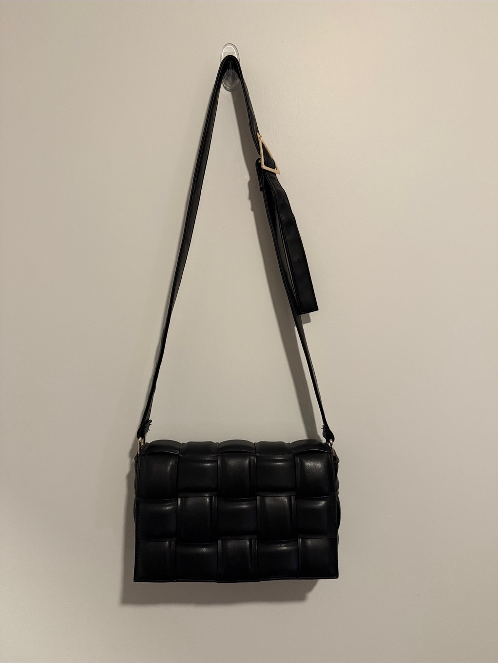 Black Quilted Shoulder Bag with Padded Weave
